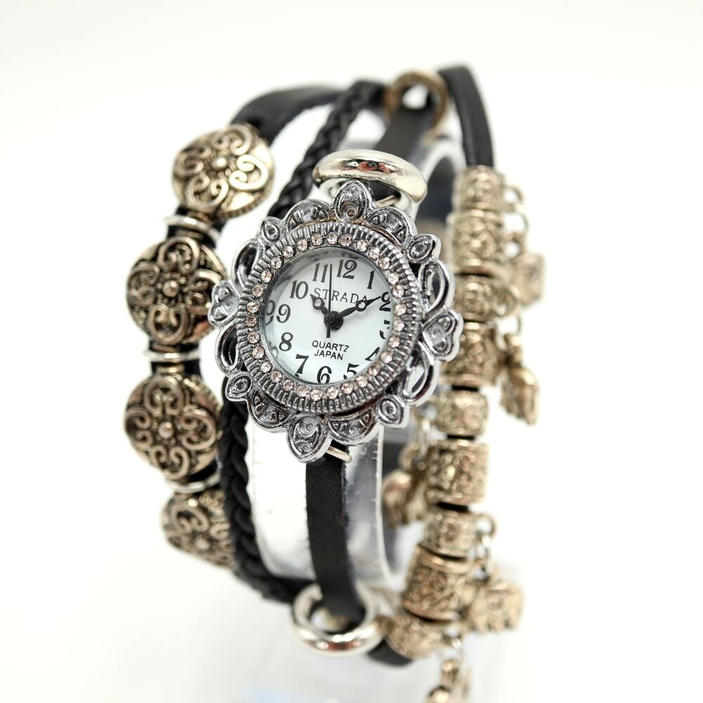 Strada Silver Tone Charm Style 29mm Watch Black Faux Leather w New Battery